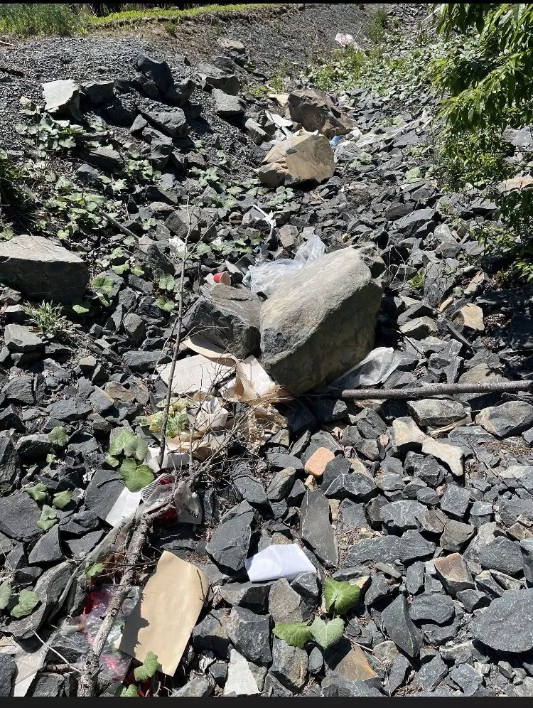 Area before cleanup — litter scattered across rocky ground